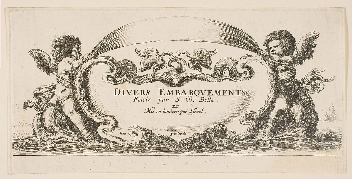 Frontispiece: cartouche at center, putti on either side riding on dolphins, from 'Various Embarkations' (Divers embarquements) — Stefano della Bella|Israël Henriet