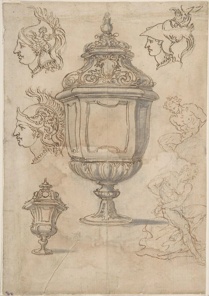 Sheet with sketches and designs for two vases, three classical heads en profil and two slave figures (recto); Design for a Vase and a Nude Male Figure (verso) — Giovanni Battista Foggini
