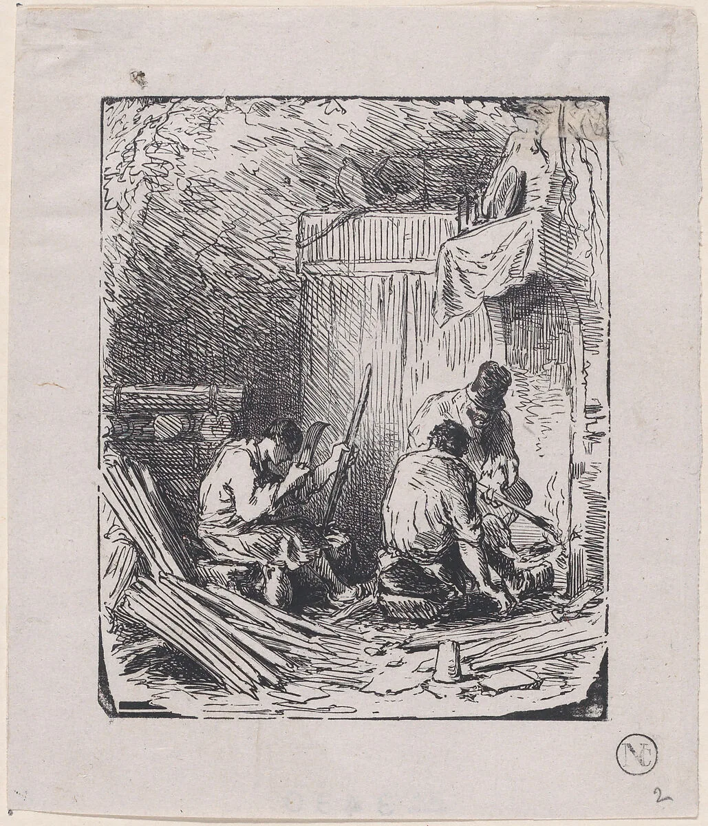 Three men at work by fire — Jacques-Adrien Lavieille|Charles Jacque