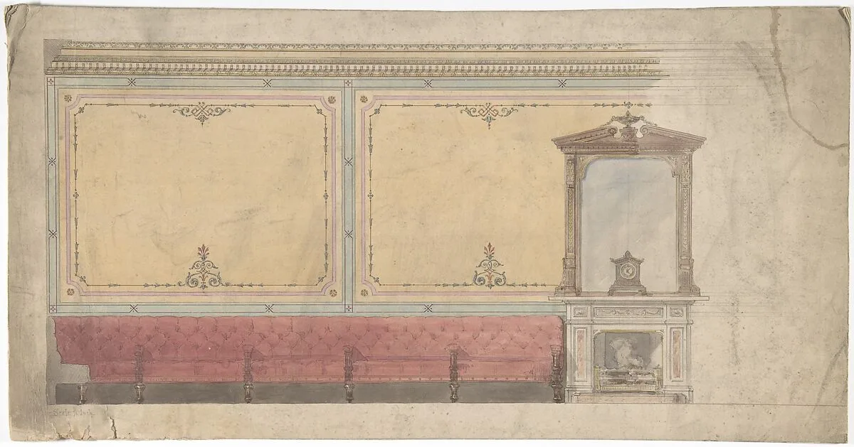 Design for Wall including Chimney and Red Banquette — Anonymous, British, 19th century