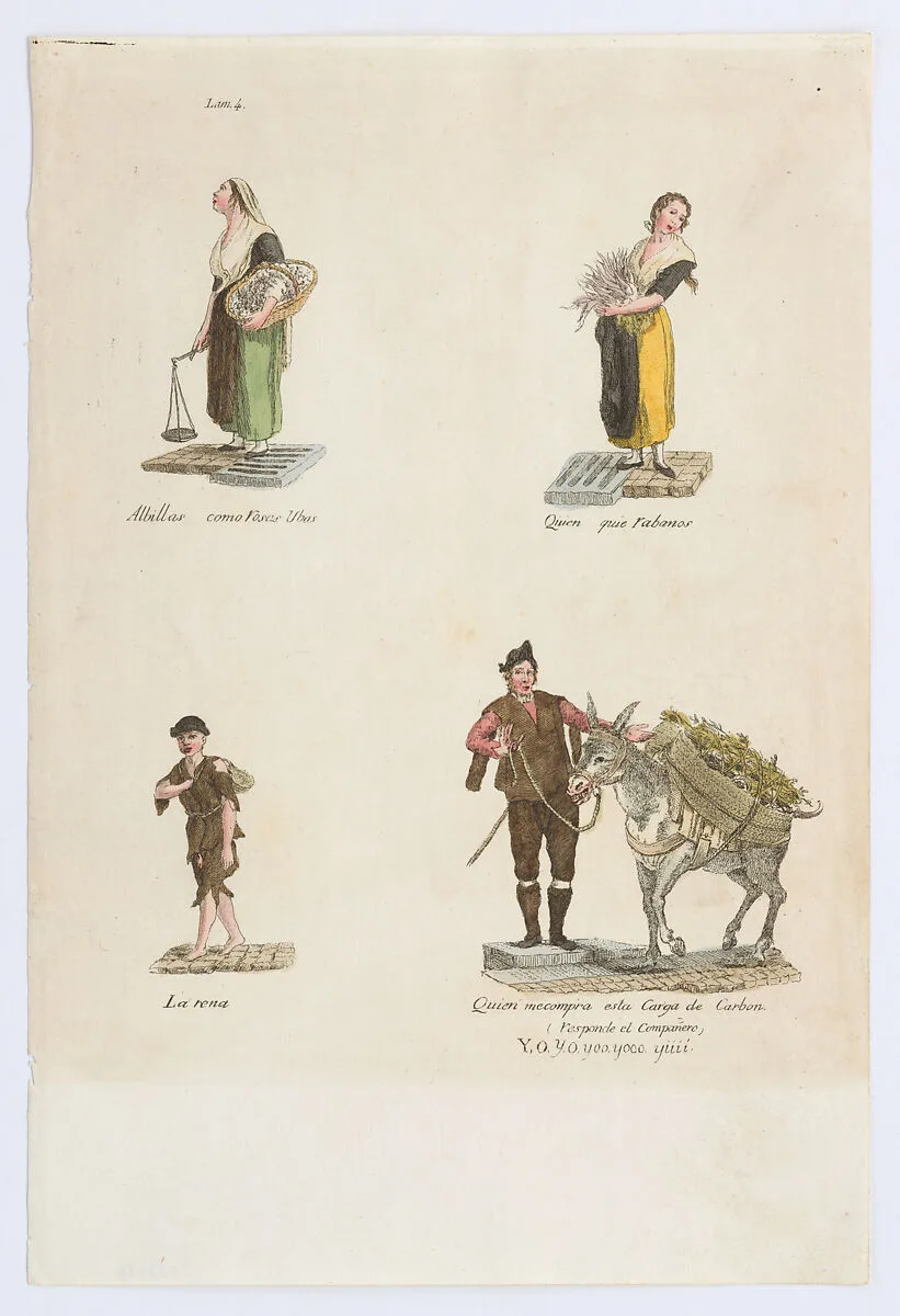 Plate 4: four street vendors from Madrid selling Albillas, radishes, carbon, from 'Los Gritos de Madrid' (The Cries of Madrid) — Miguel Gamborino|Imprenta Real, Madrid