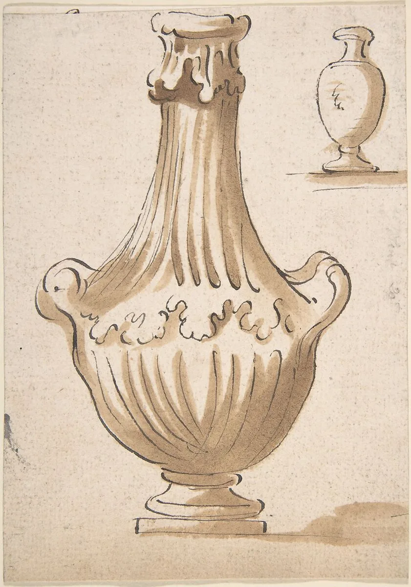 Design for a Vase: two handles, no cover. In upper right corner, a smaller, simpler shape (recto); Part of a Chalk Drawing (verso) — Anonymous, Italian, Venetian, 18th century