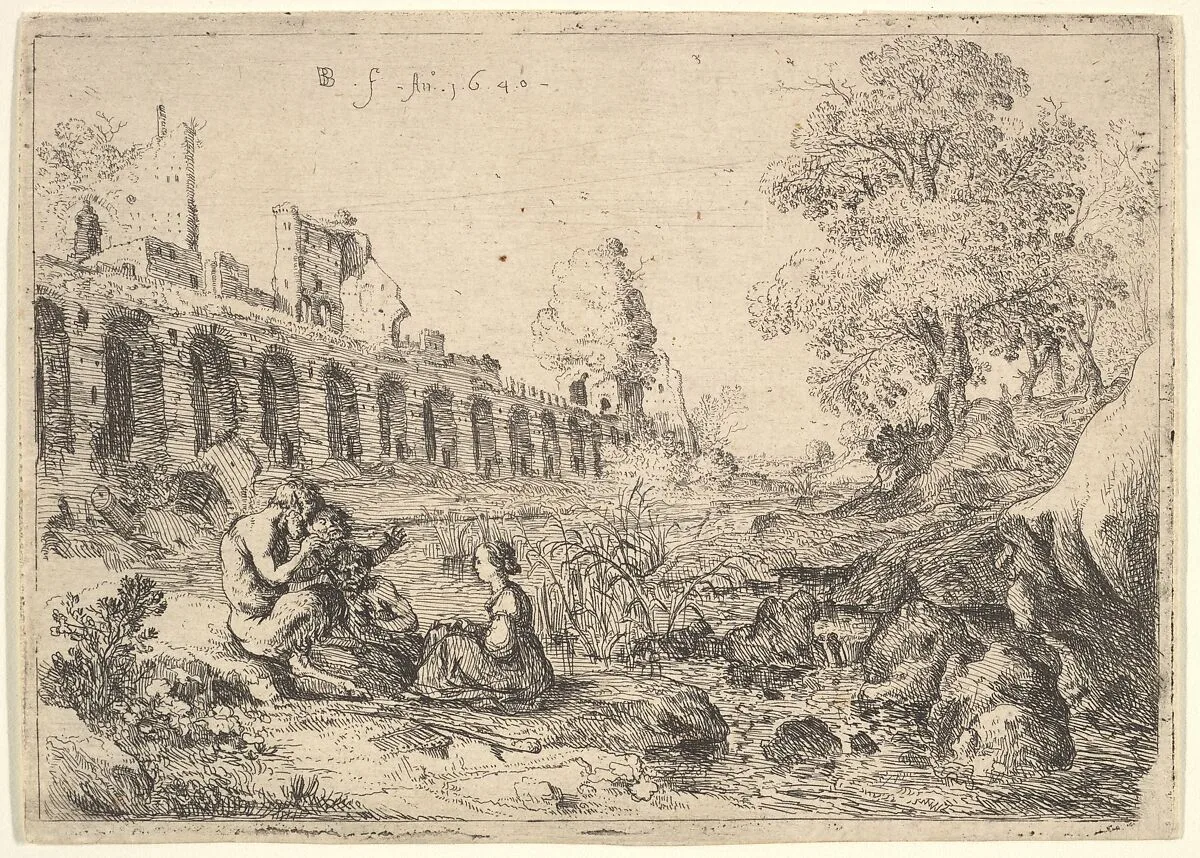Corsica seated before satyrs on the bank of a river, from a pair of plates for Battista Guarini's 'Il Pastor fido' — Bartholomeus Breenbergh