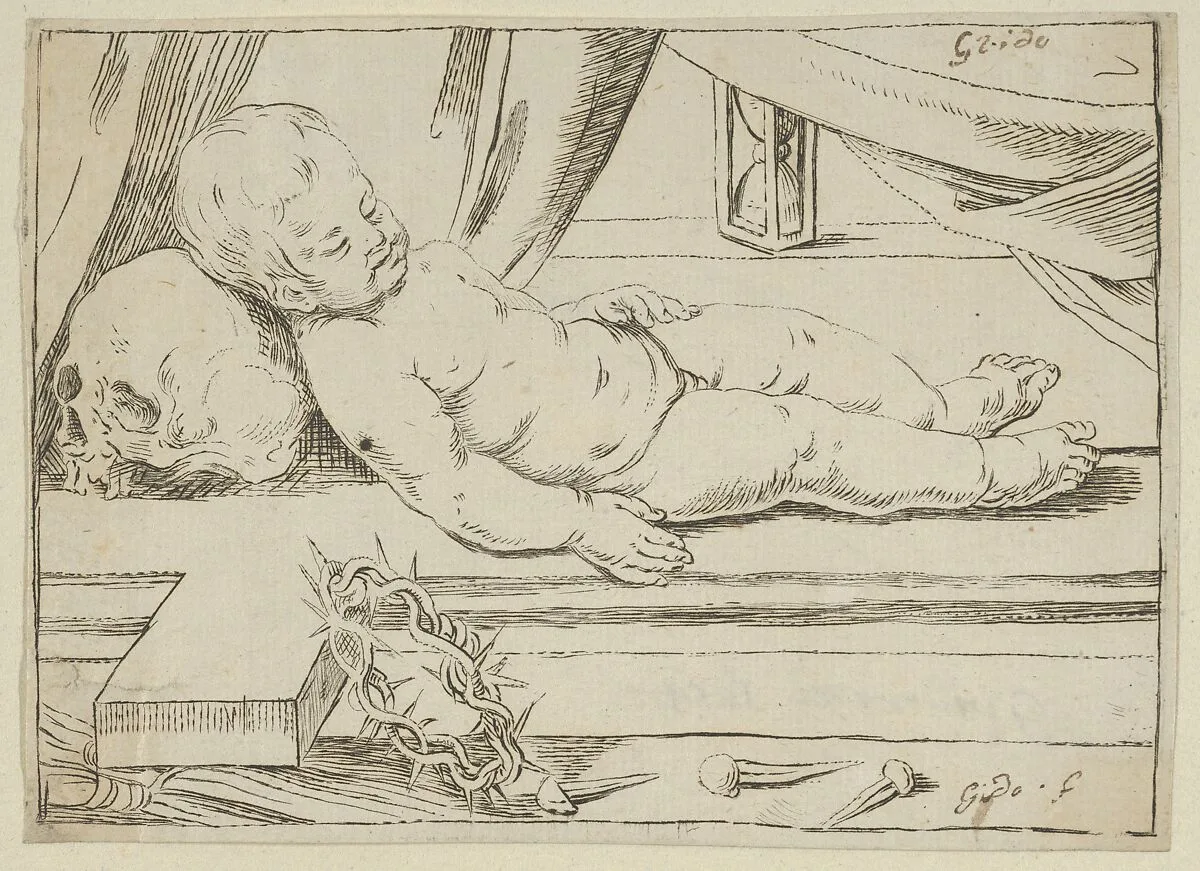 The infant Christ asleep on a cross, his head resting on a skull, a crown of thorns and nails in the foreground — Anonymous, Italian, 17th century|Guido Reni
