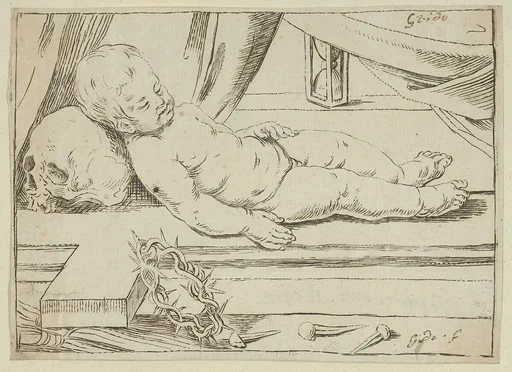 The infant Christ asleep on a cross, his head resting on a skull, a crown of thorns and nails in the foreground