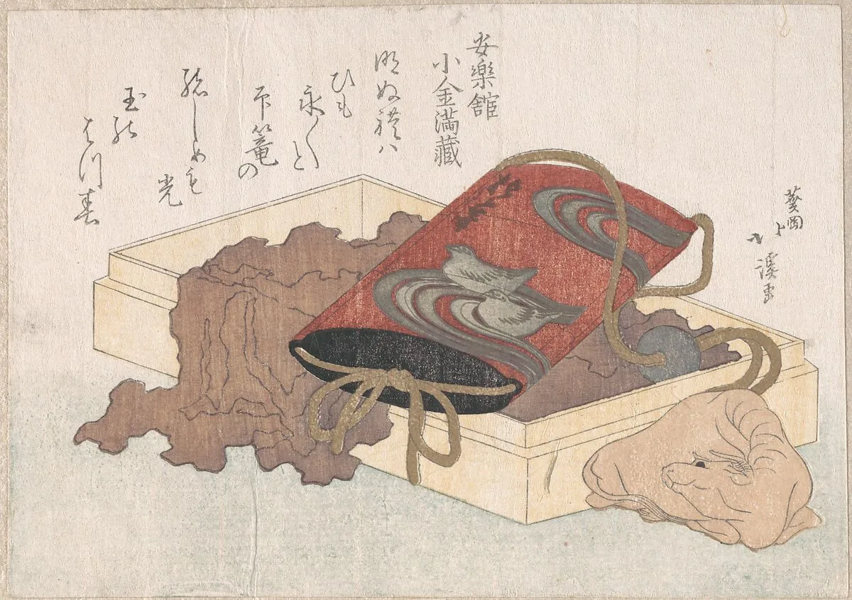 印籠と牛根付『春雨集』 摺物帖|Lacquer Inrō with Waterbirds and Ox-shaped Netsuke in a BoxFrom the Spring Rain Collection (Harusame shū), vol. 3 — Totoya Hokkei