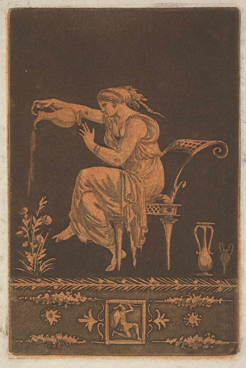 Jeune femme drapée, assise, arrosant une plante (Young draped woman, seated, watering a plant in the style of red-figure vase painting), most likely from Recueil de Différentes Compositions Frises et Ornements dessinées et gravées à la manière du lavis par La Grenée le Juene Se trouve chez l'Auteur, au Louvre et chez Basan, rue et Hôtel Serpente A Paris, in an album containing Recueil de Compositions par Lagrenée Le Jeune (Collection of Compositions by Lagrenée the Younger) — Jean Jacques Lagrenée
