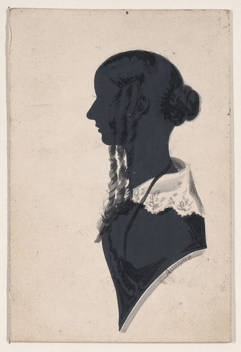 Silhouette of an unknown girl with braids, in profile to the left — Edgar Adolphe