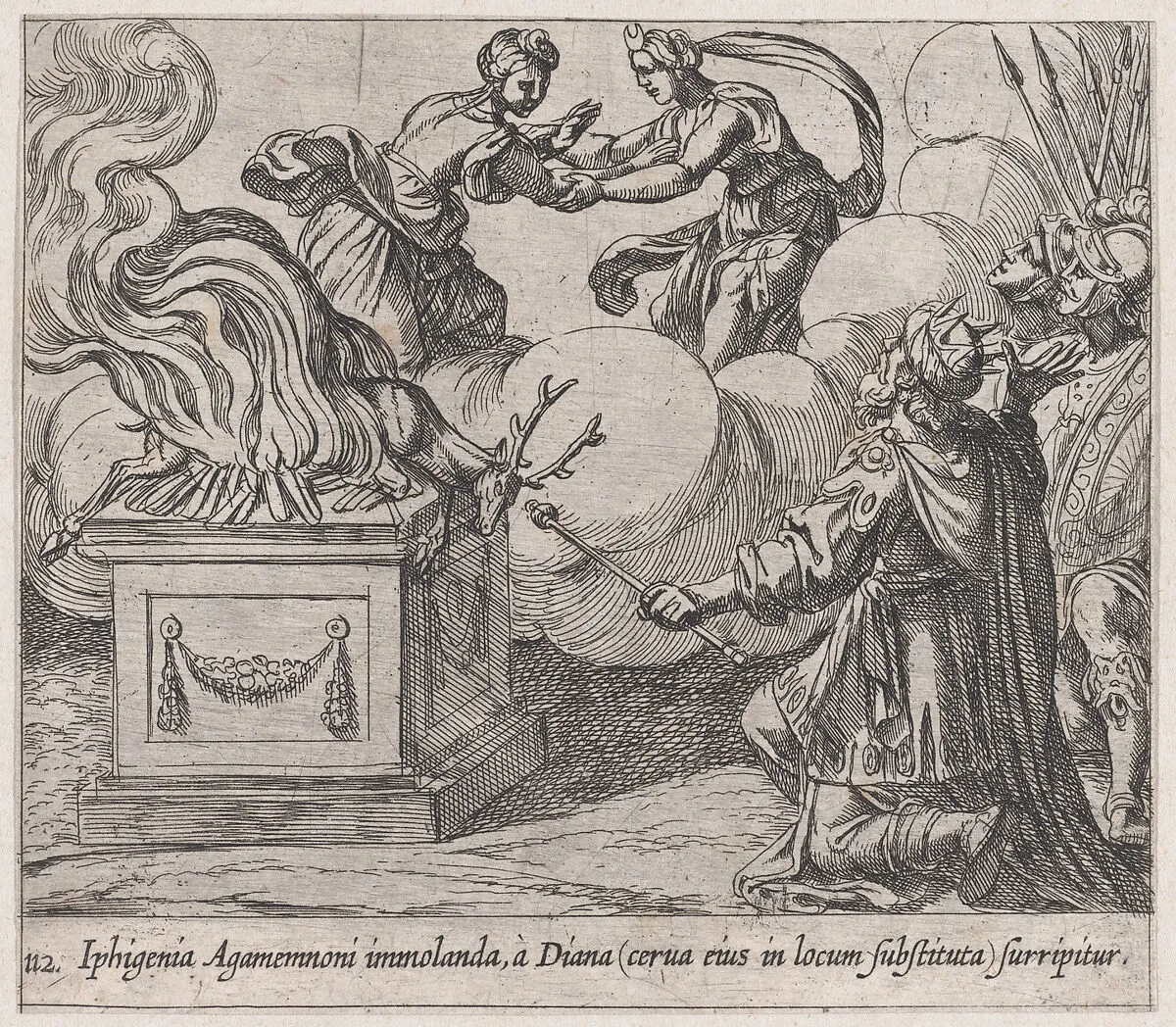 Plate 112: Agamemnon Sacrificing Iphigenia (Iphigenia Agamemnoni immolanda, à Diana (cerva eius in locum substituta) surripitur), from Ovid's 'Metamorphoses' — Antonio Tempesta