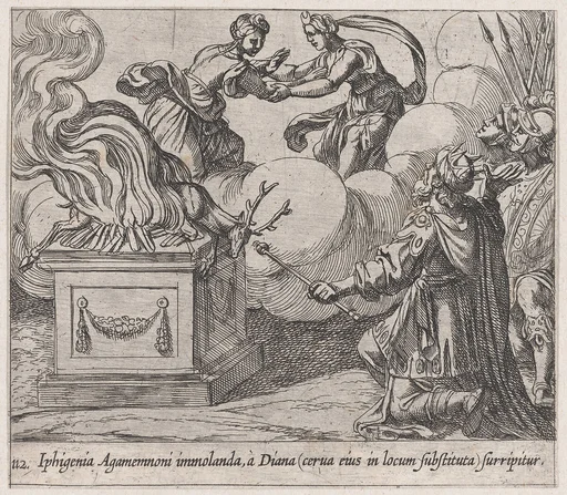 Plate 112: Agamemnon Sacrificing Iphigenia (Iphigenia Agamemnoni immolanda, à Diana (cerva eius in locum substituta) surripitur), from Ovid's 'Metamorphoses'