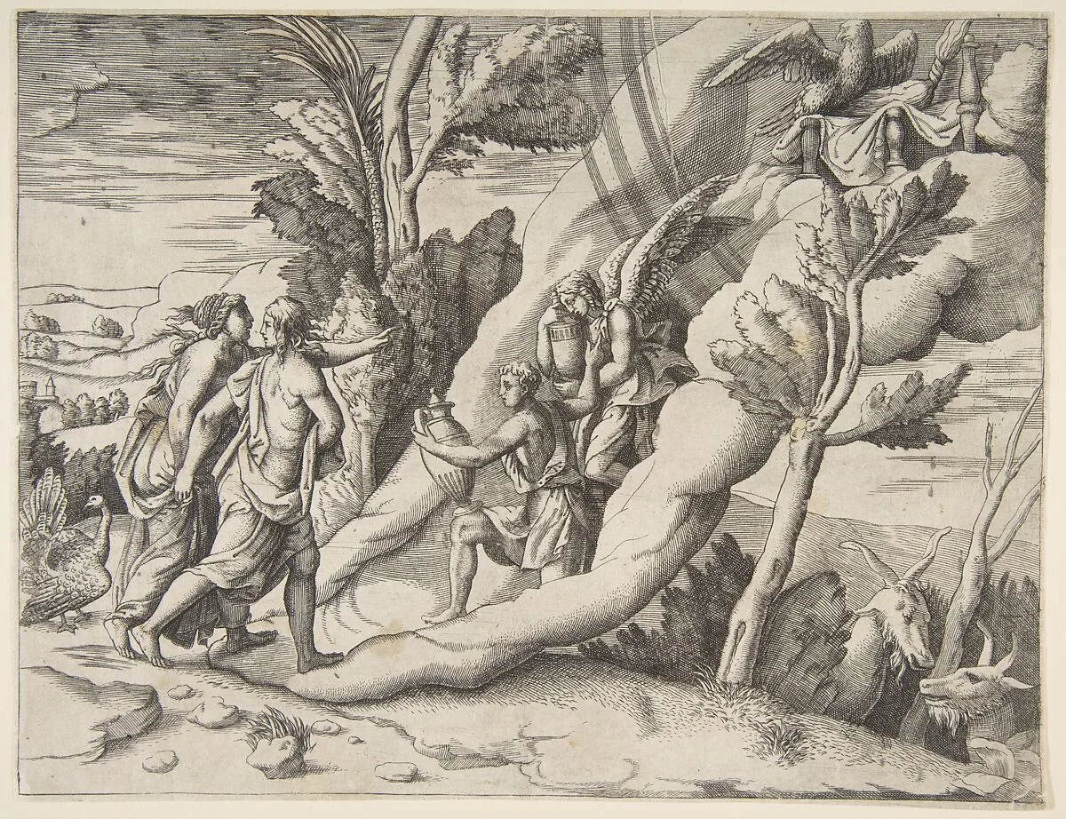 Jupiter and Juno being received in the heavens by Ganymede and Hebe, from "Division of the Universe" — Giulio Bonasone