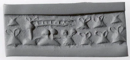 Cylinder seal and modern impression: "pigtailed" ladies in front of loom (?); containers with loop handle — Unknown