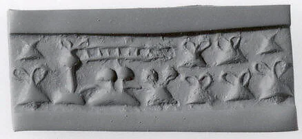 Cylinder seal and modern impression: "pigtailed" ladies in front of loom (?); containers with loop handle
