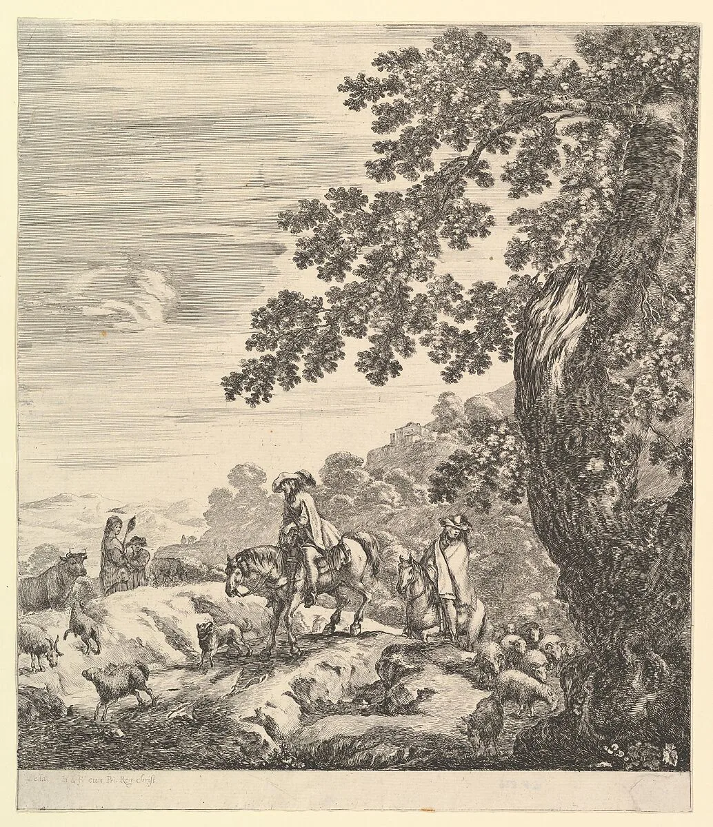 Two horsemen pass a flock, riding towards the left, a peasant woman and a young boy to left in the middleground, a large tree to right, from 'Six large views, four of Rome and two of the Roman countryside' (Six grandes vues, dont quatre de Rome et deux de la Campagne romaine) — Stefano della Bella