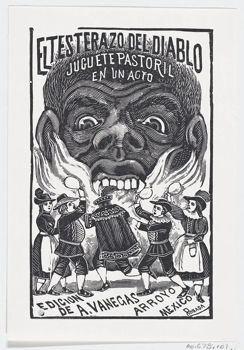 A demon breathing fire and people running around in the foreground, illustration for 'El Testerazo del Diablo,' published by Antonio Vanegas Arroyo — José Guadalupe Posada|José Sanchez