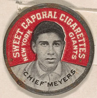 "Chief" Meyers, New York Giants (red), from the Domino Discs series (PX7), issued by Kinney Brothers — Kinney Brothers Tobacco Company