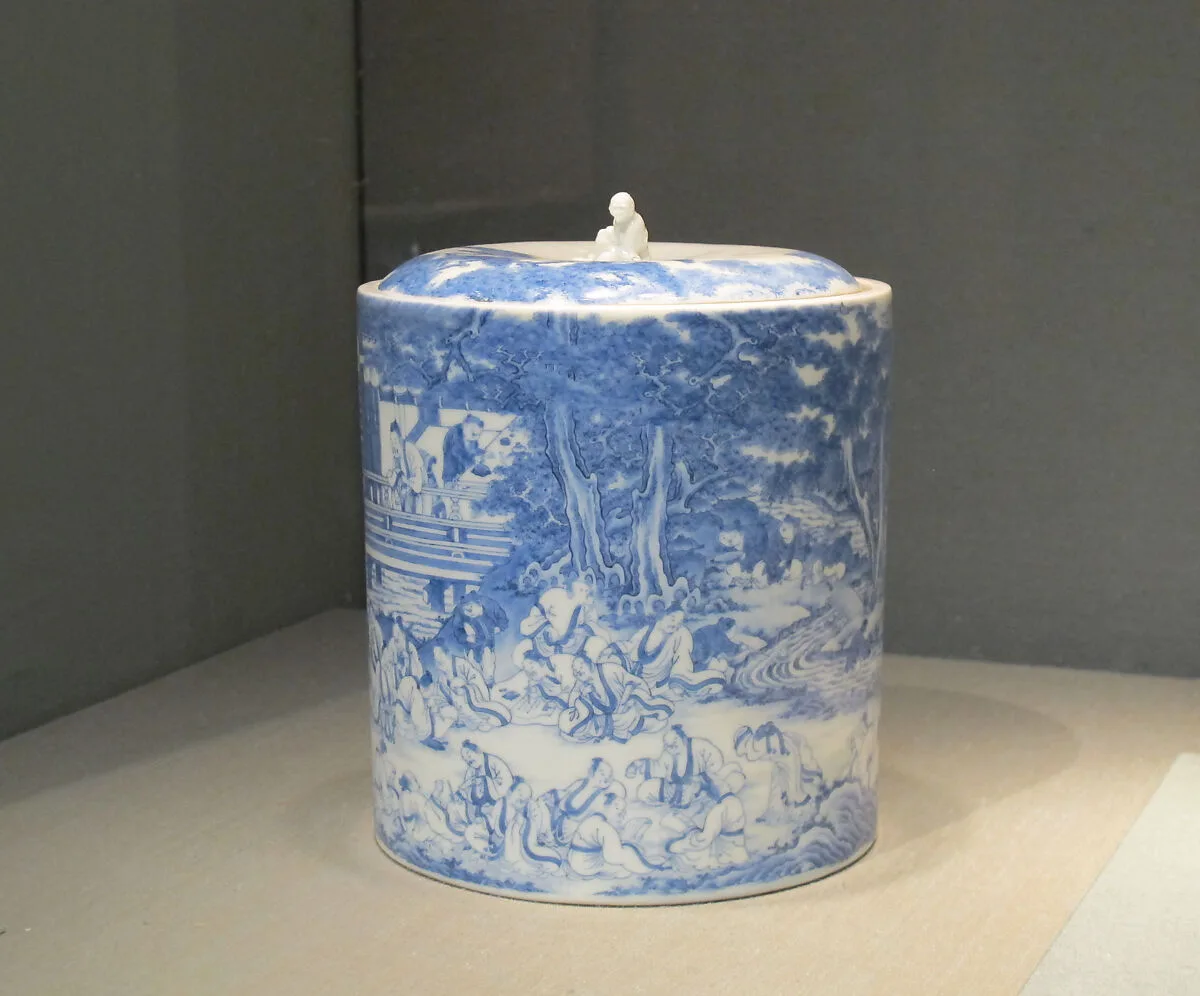 染付蘭亭曲水図水指|Water Jar with Poetry Gathering at the Orchid Pavilion — Unknown