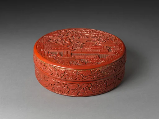 明宣德 雕漆剔紅庭園高仕圖盒|Covered box with figures in a garden