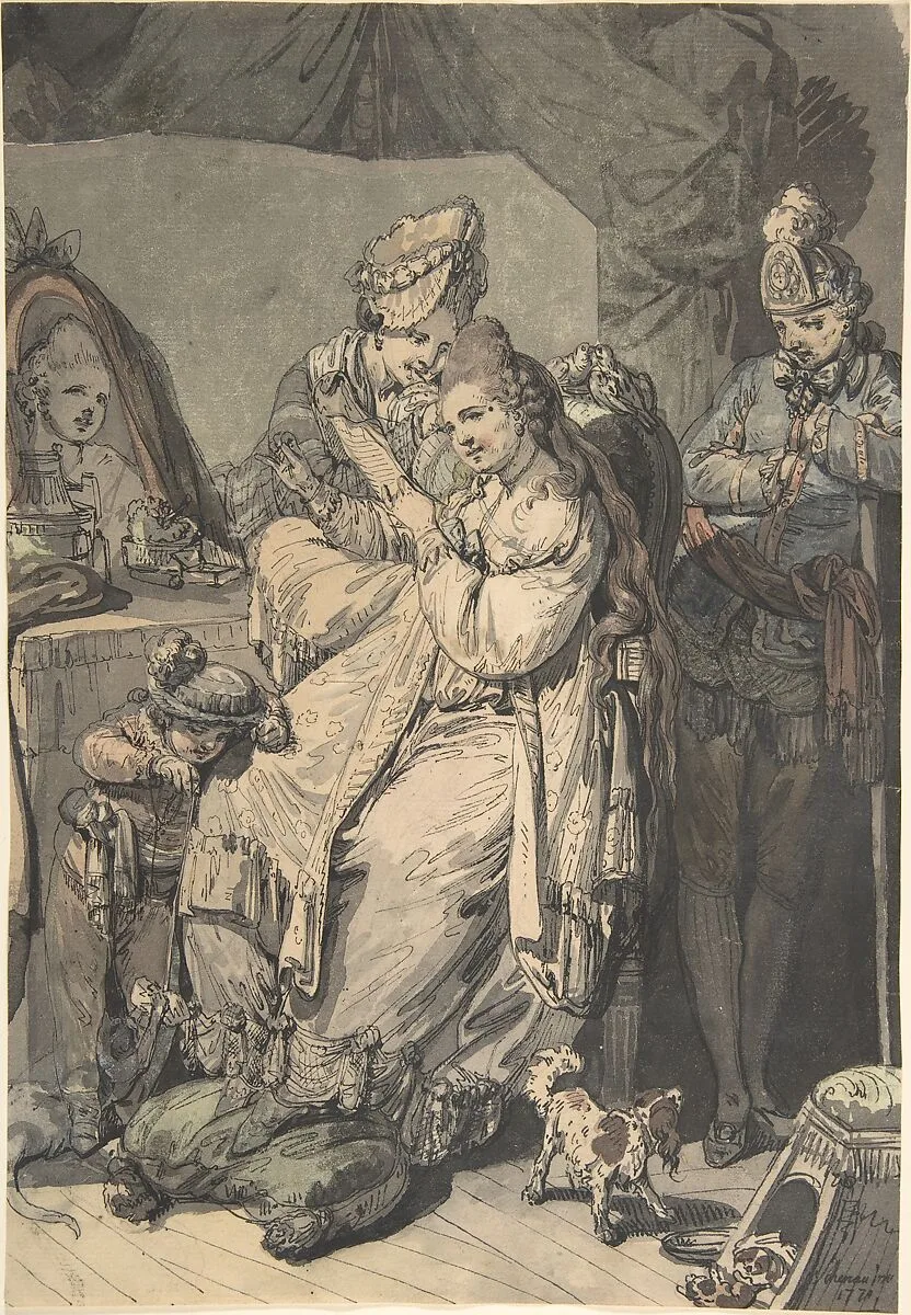 A Woman at her Toilet with a Maid, a Boy, a Dog and a Young Soldier; verso: A Sketch for a Similar Composition — Johann Eleazar Zeissig, called Schenau
