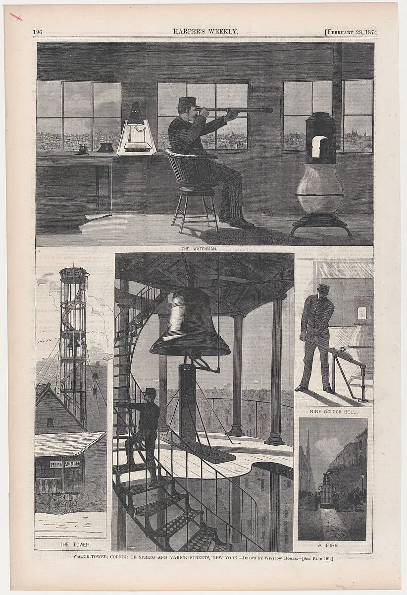 Watch-Tower, Corner of Spring and Varick Streets (from "Harper's Weekly," Vol. XVIII) — Winslow Homer|Harper's Weekly|Harper & Brothers