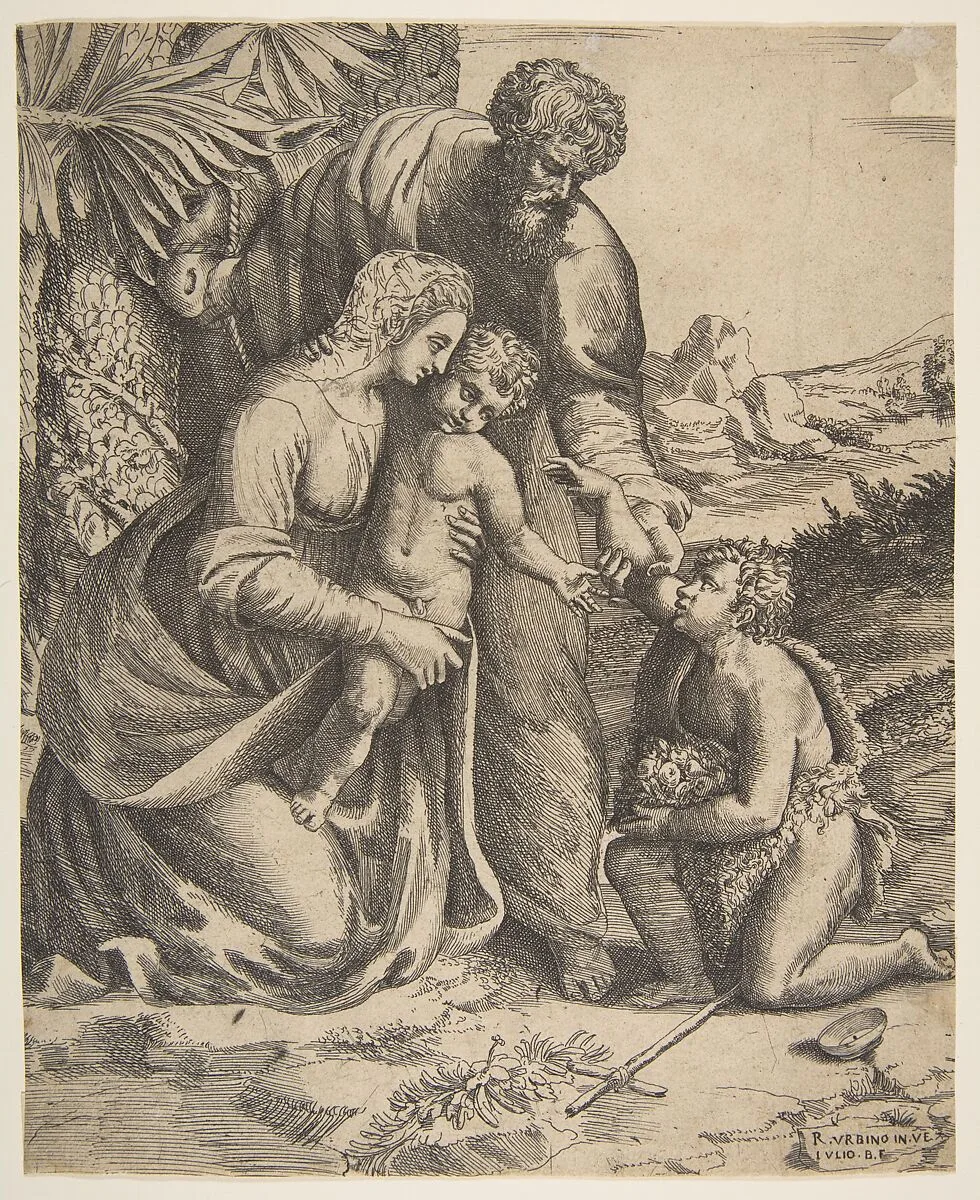 Holy Family with Saint John the Baptist who kneels at the right — Giulio Bonasone|Raphael (Raffaello Sanzio or Santi)