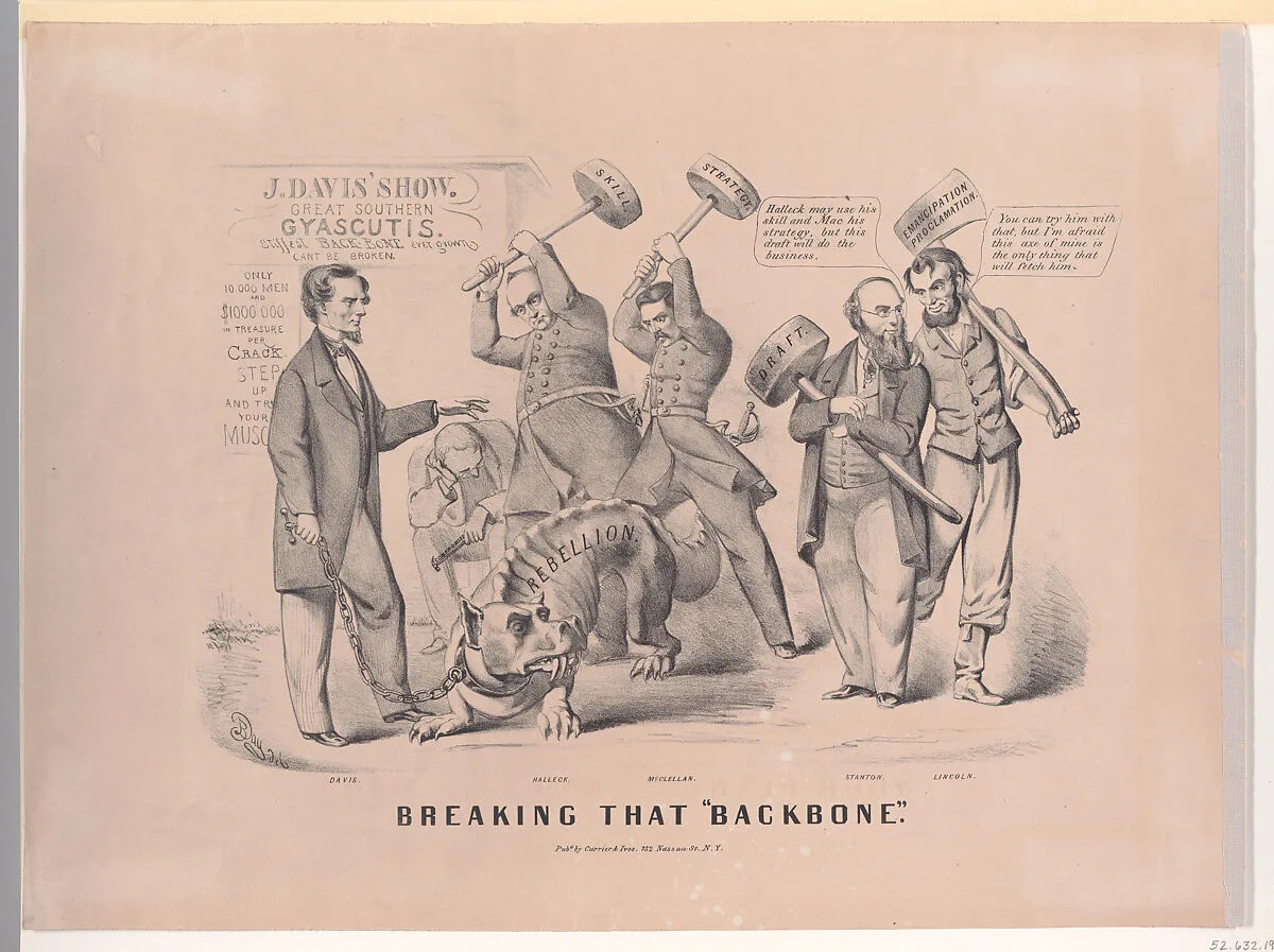 Breaking that "Backbone" — Jefferson Davis|General George B. McClellan|Abraham Lincoln|Edwin McMasters Stanton|Benjamin Henry Day Jr.|Currier & Ives|Henry Wager Halleck