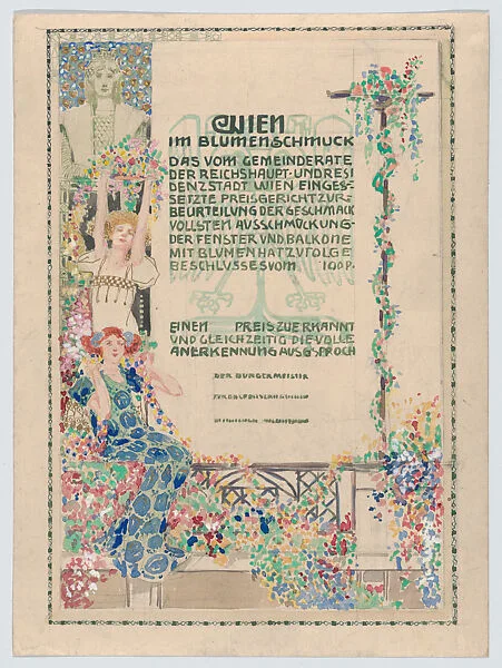 Design for a certificate, awarded by the city of Vienna for the most beautiful floral balcony decorations (balcony below text) — Erwin Puchinger
