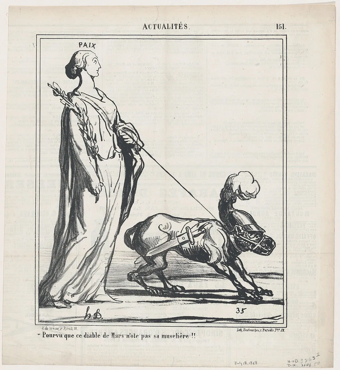 Let's just hope that this devil Mars doesn't pull out of his muzzle, from 'News of the day,' published in Le Charivari, July 18, 1868 — Destouches|Arnaud de Vresse|Honoré Daumier