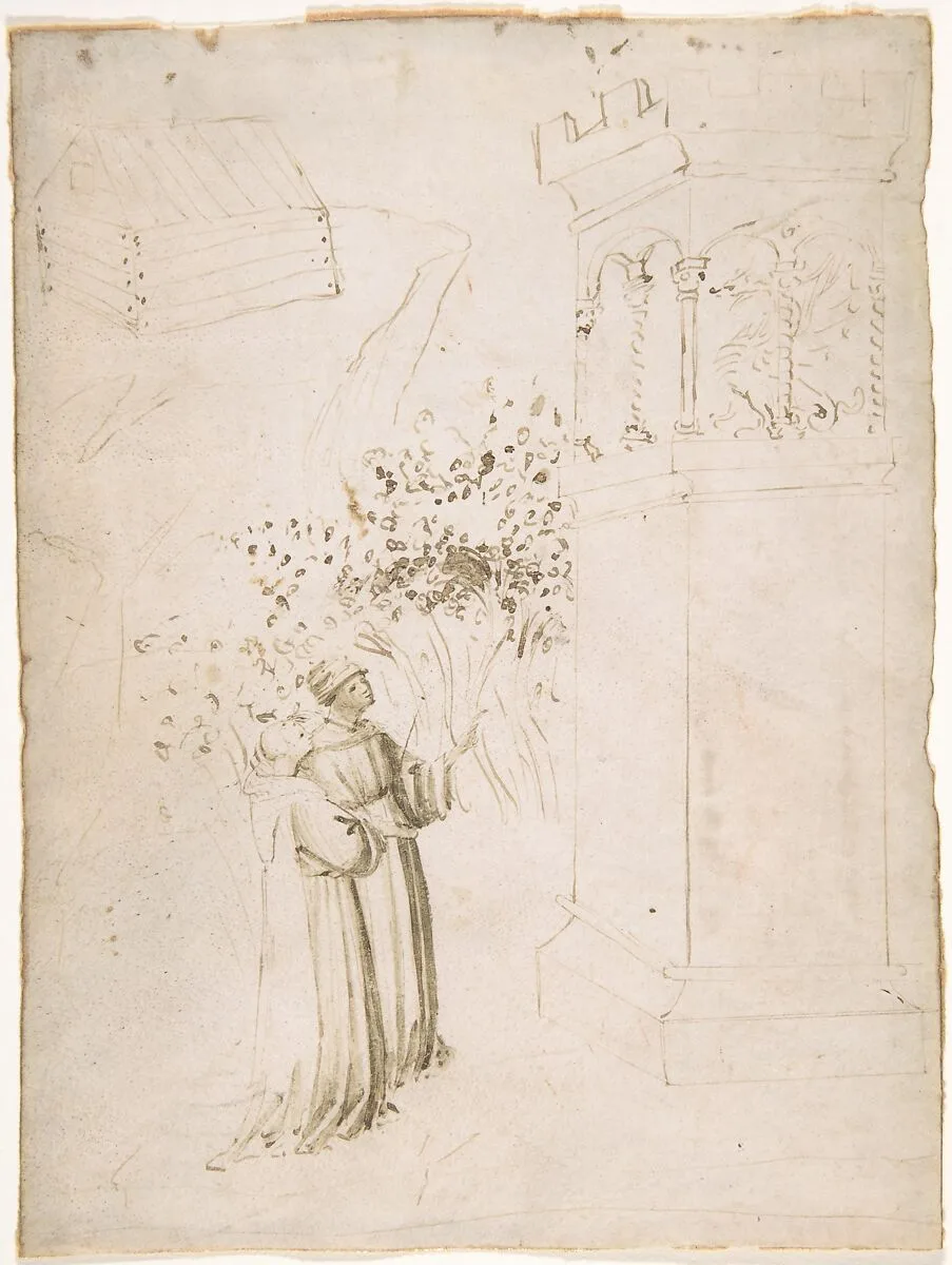 Two Monks Looking up at a Dragon in a Tower — Anonymous, Italian, Tuscan, early 15th century
