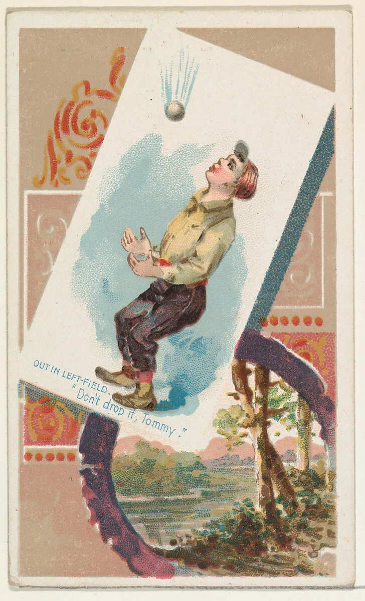 Out in Left-Field, "Dont drop it, Tommy," from the Terrors of America set (N136) issued by Duke Sons & Co. to promote Honest Long Cut Tobacco — Knapp & Company|W. Duke, Sons & Co.