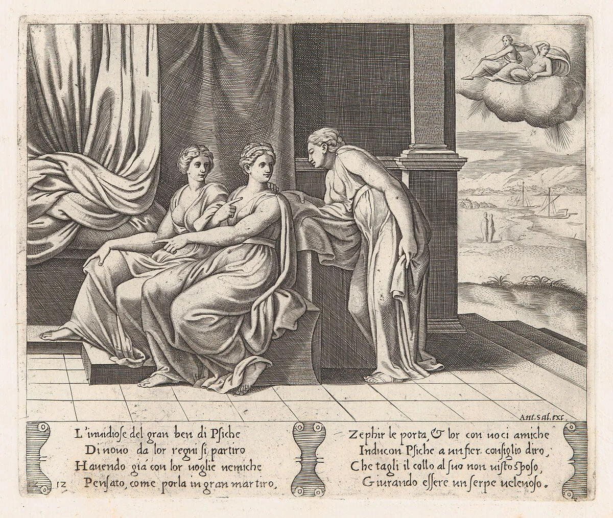 Plate 12: Psyche's sisters persuading Psyche that she has been sleeping with a serpent, from "The Story of Cupid and Psyche as told by Apuleius" — Antonio Salamanca|Master of the Die|Michiel Coxie (I)