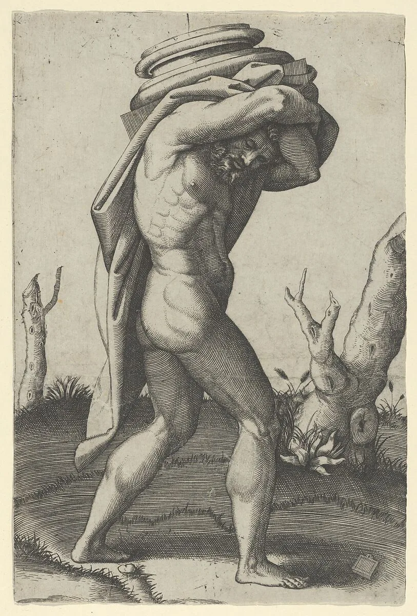 Naked man walking to the right carrying a column base — Marcantonio Raimondi|Raphael (Raffaello Sanzio or Santi)|Giulio Romano|Perino del Vaga (Pietro Buonaccorsi)