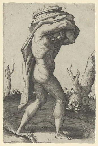 Naked man walking to the right carrying a column base