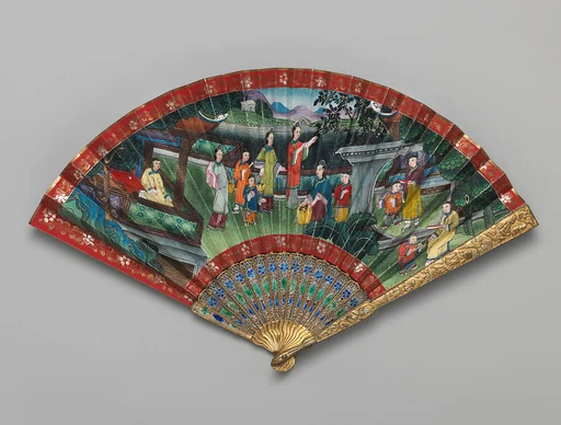 Folding Fan with Scene of Figures in a Courtyard Garden