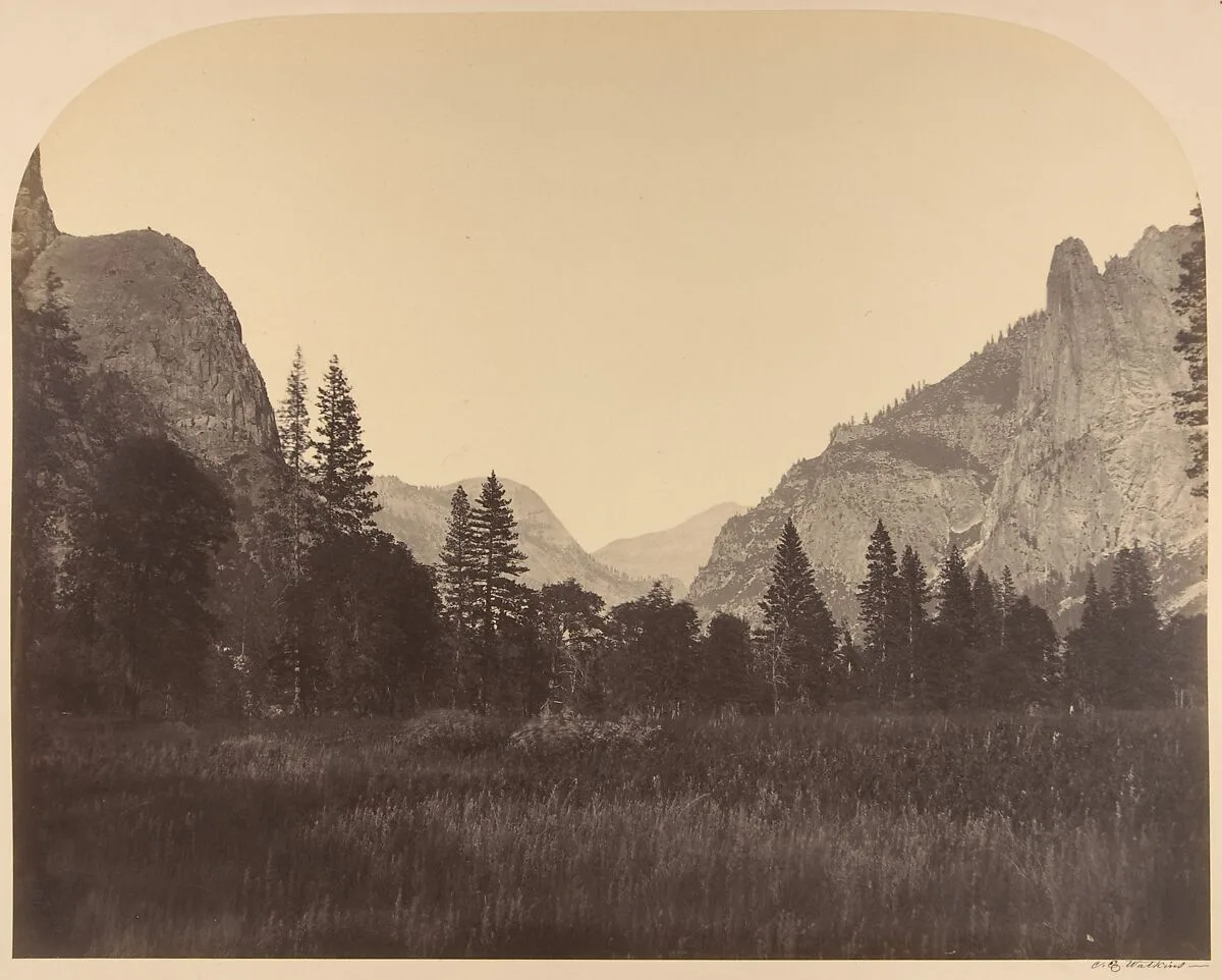 Up the Valley, North Dome in Center, Sentinel on Left — Carleton E. Watkins