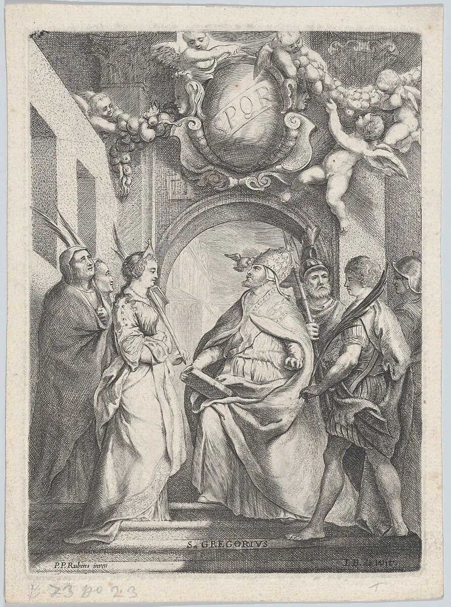 Saint Gregory surrounded by other saints, in front of an archway with putti holding garlands overhead — Peter Paul Rubens|Jacob de Wit