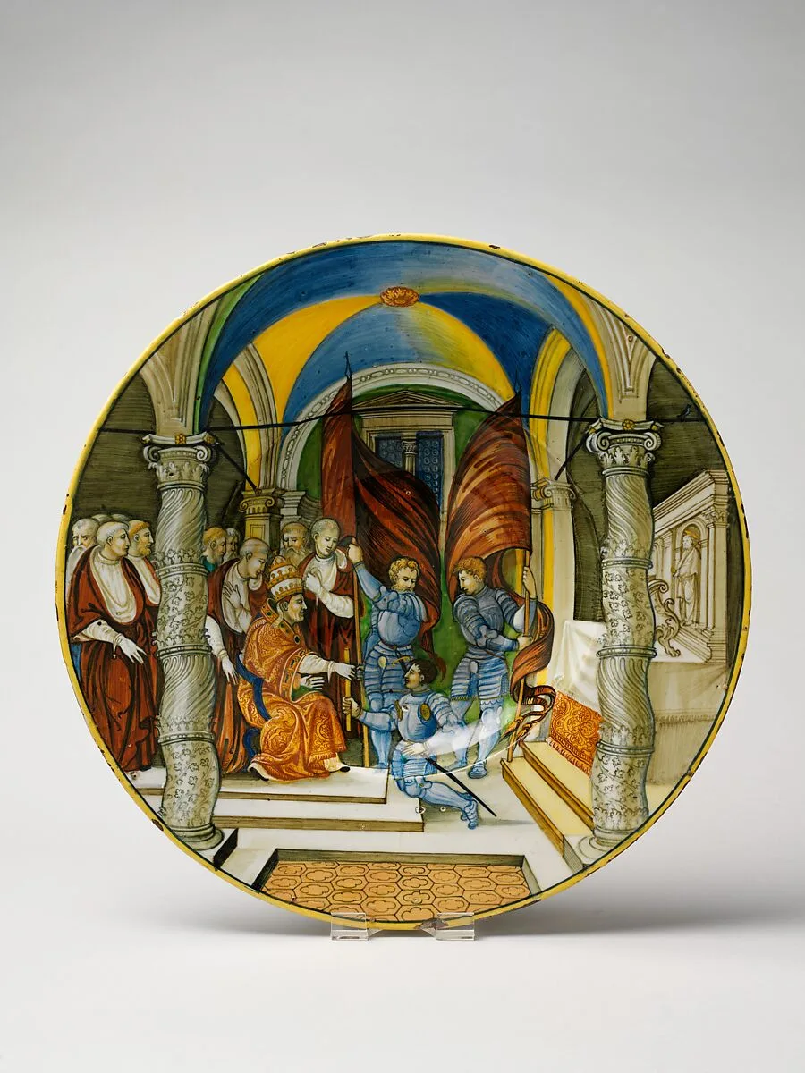 Large Dish (tagliere): Pope Leo X presenting a baton to Federigo II Gonzaga, marquis of Mantua, on his appointment as captain general of the Church in 1521. — Nicola da Urbino