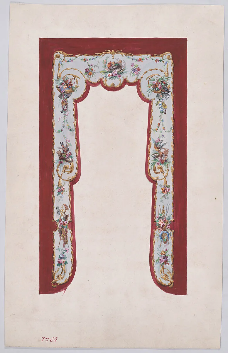 Design for a Valance with Bundles and Garlands of Flowers and Leaves Decorated with Gardening Tools upon which Small Birds Rest — Anonymous, French, 19th century