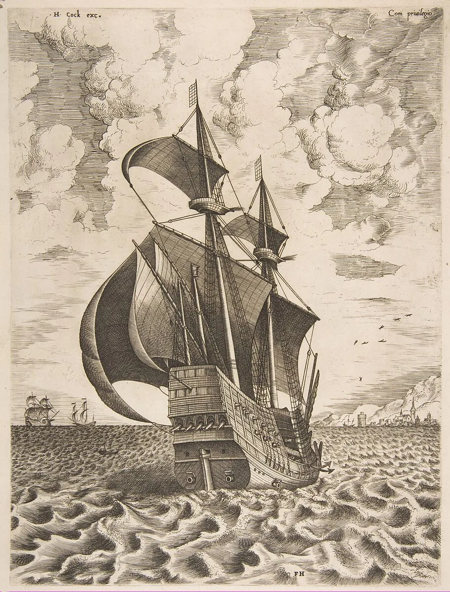 Armed Four-Master Sailing Towards a Port from The Sailing Vessels — Pieter Bruegel the Elder|Frans Huys|Hieronymus Cock