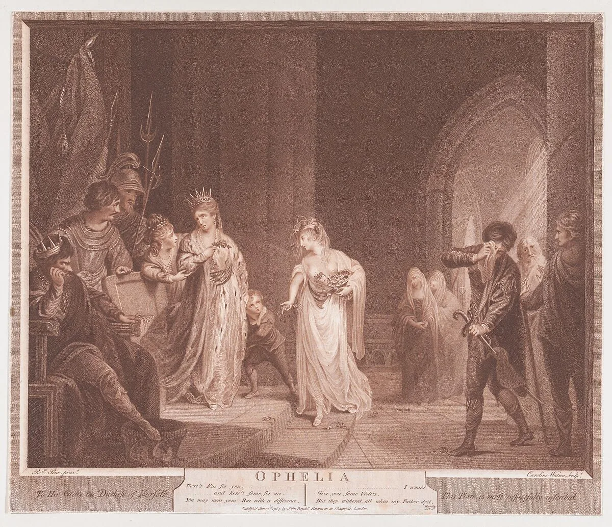 Ophelia (Shakespeare, Hamlet, Act 4, Scene 5) — Caroline Watson|Robert Edge Pine|John Boydell|William Shakespeare