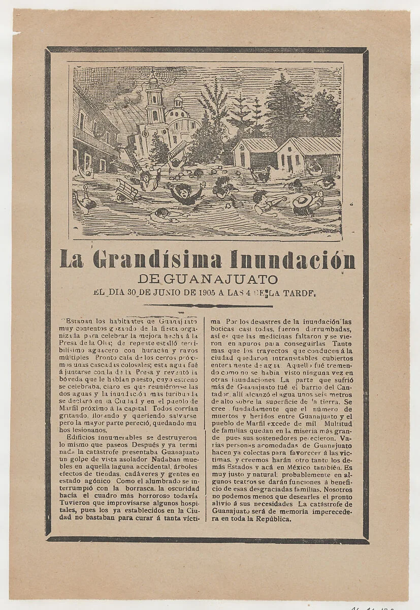 Broadsheet relating to the great flood of Guanajuato on 30 June 1905, a description in the bottom section — José Guadalupe Posada|Antonio Vanegas Arroyo