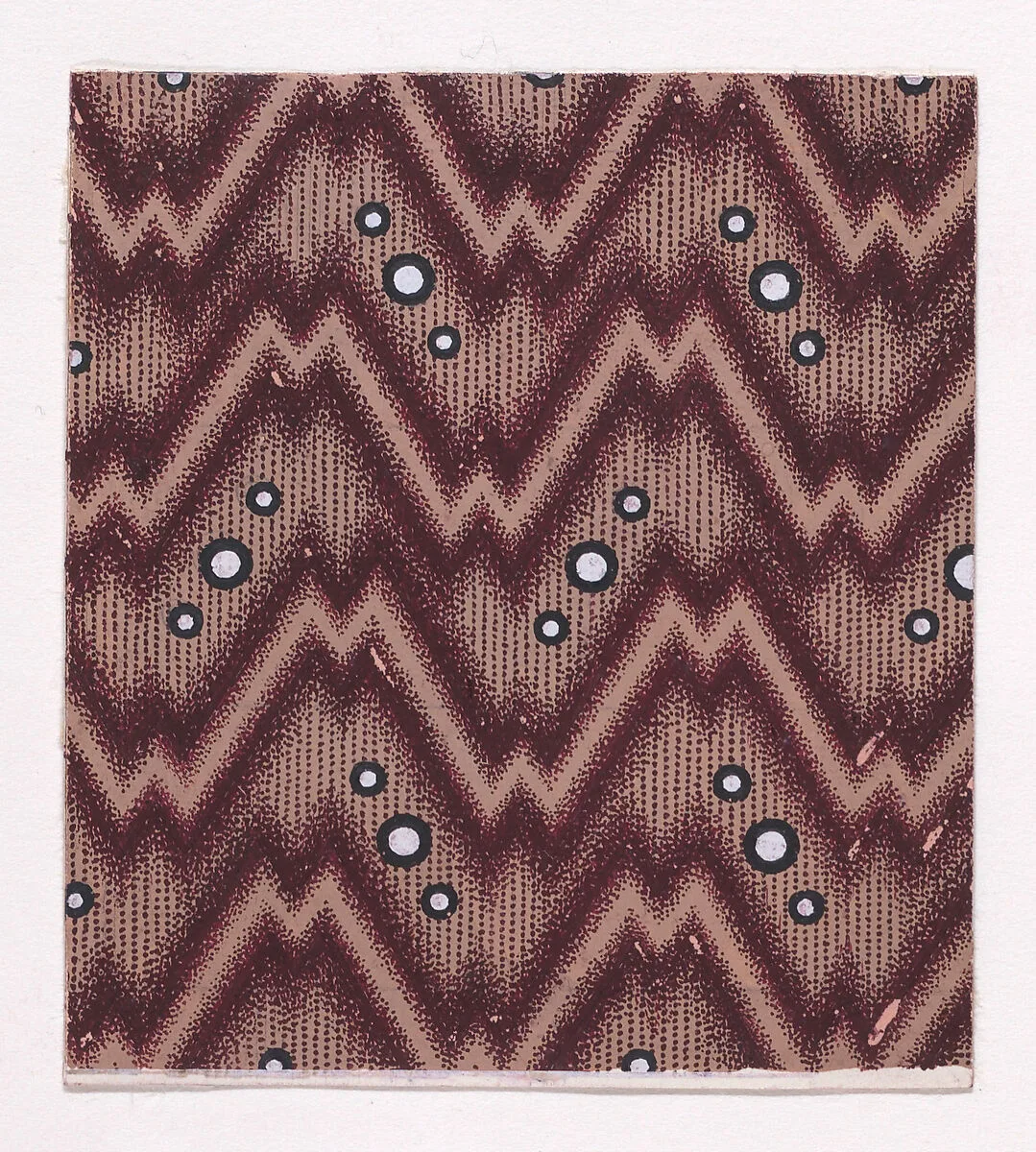 Textile Design of Horizontal Zig-Zagging Ribbons and Alternating Diagonal Groups of Three Pearls over a Striped Background — Anonymous, Alsatian, 19th century