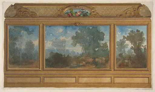 Elevation of a paneled interior decorated with painted landscapes and coves with cartouches and flowers