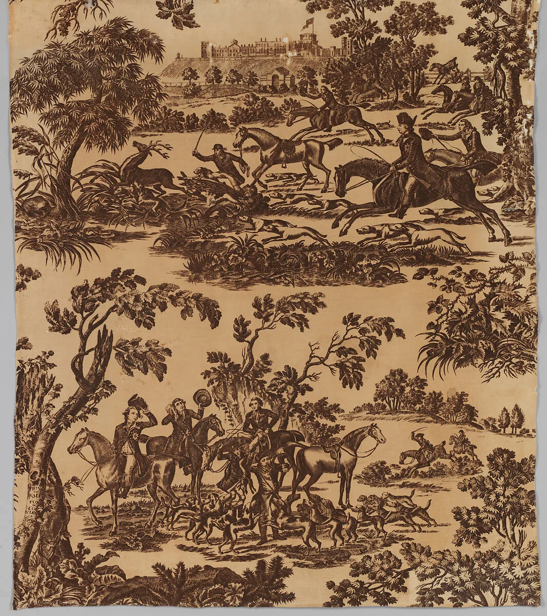 Copper plate printed cotton with King George III hunting in Windsor Park — J. Seymour