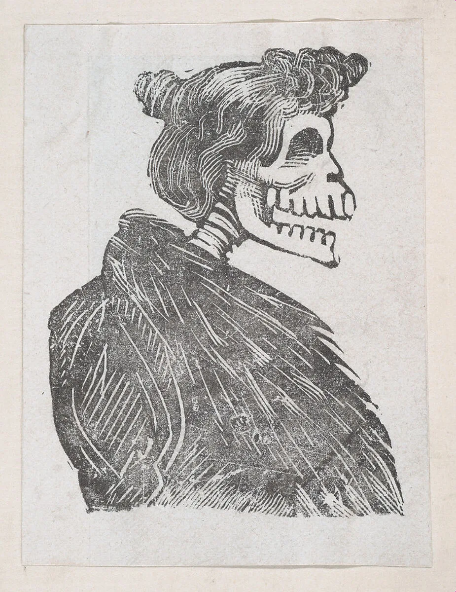 Profile of a female skeleton with a fur vest, from a broaside entitled 'La Calavera de Cupido', published by Antonio Vanegas Arroyo. — José Guadalupe Posada