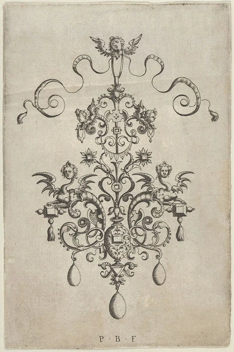 Vertical Panel with Design for a Pendant, from Ars His Myronis Nobilis Effingitus Pagellulis — Paul Birckenhultz
