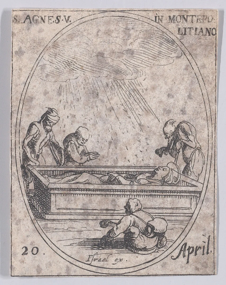 Ste. Agnès de Montepulciano (St. Agnes of Montepulciano), April 20th, from "Les Images De Tous Les Saincts et Saintes de L'Année" (Images of All of the Saints and Religious Events of the Year) — Jacques Callot|Israël Henriet