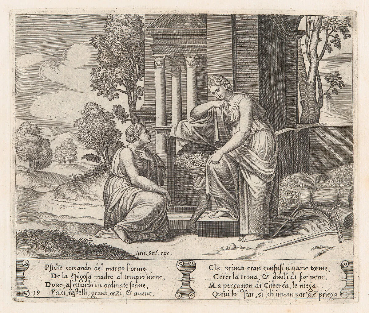 Plate 19: Ceres at right, leaning on a pedestal, refusing to assist Psyche, from "The Story of Cupid and Psyche as told by Apuleius" — Antonio Salamanca|Master of the Die|Michiel Coxie (I)