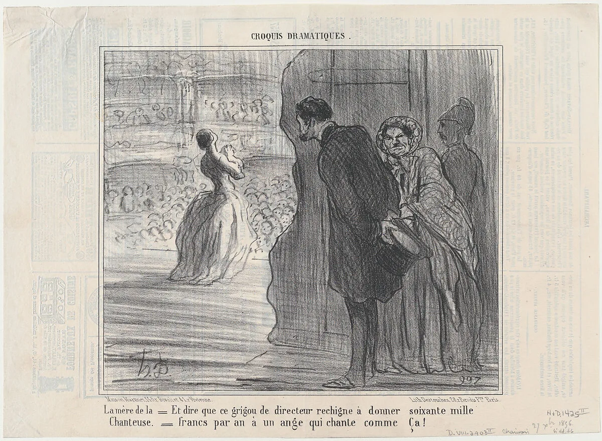 La mère de la chanteuse, from Croquis Dramatiques, published in Le Charivari, december 27, 1856 — Aaron Martinet|Honoré Daumier|Destouches