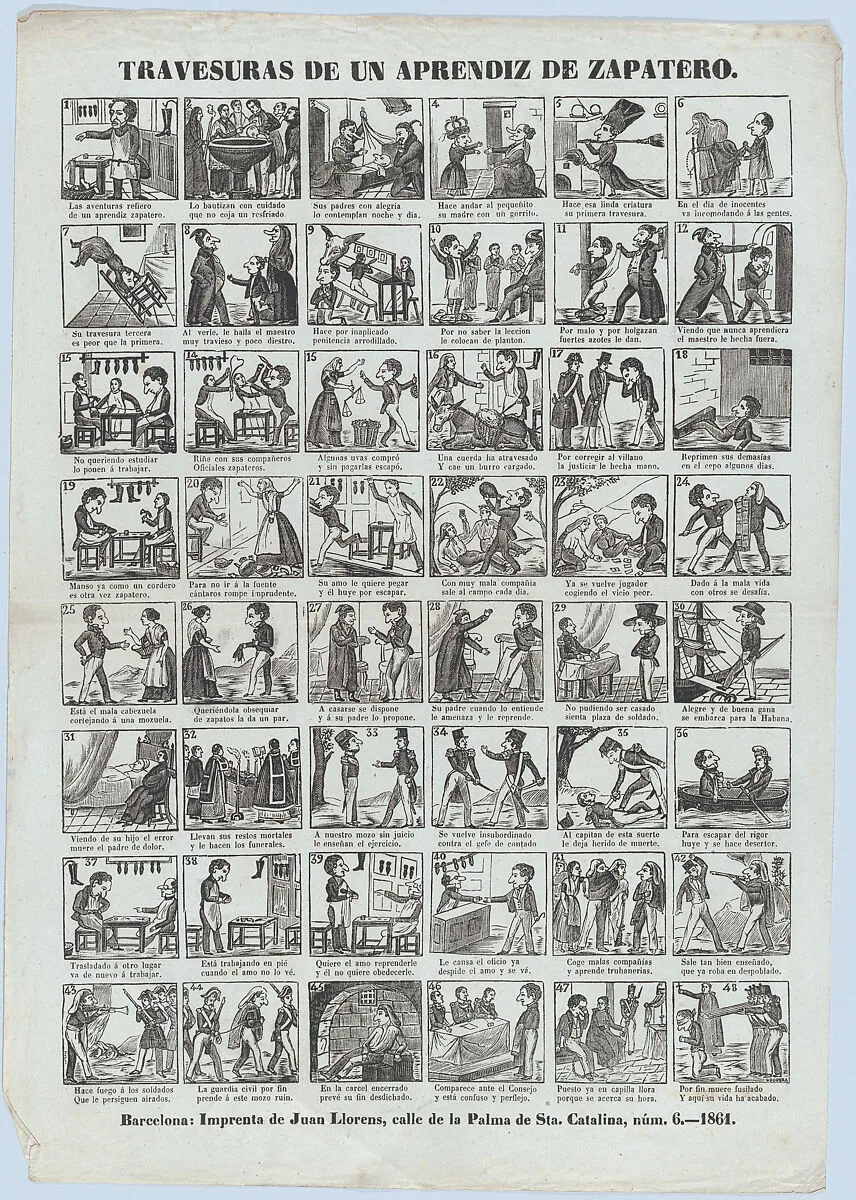 Broadside with 48 scenes depicting the antics of the shoemaker's apprentice — José Noguera|Juan Llorens